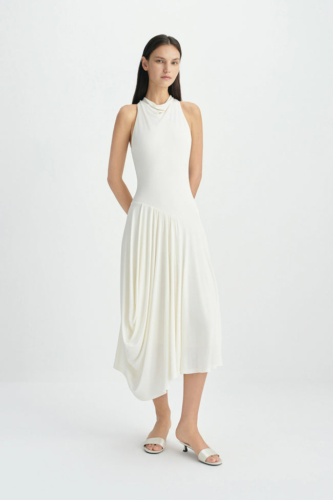 Oréa Draped Skirt Halter Dress Egret