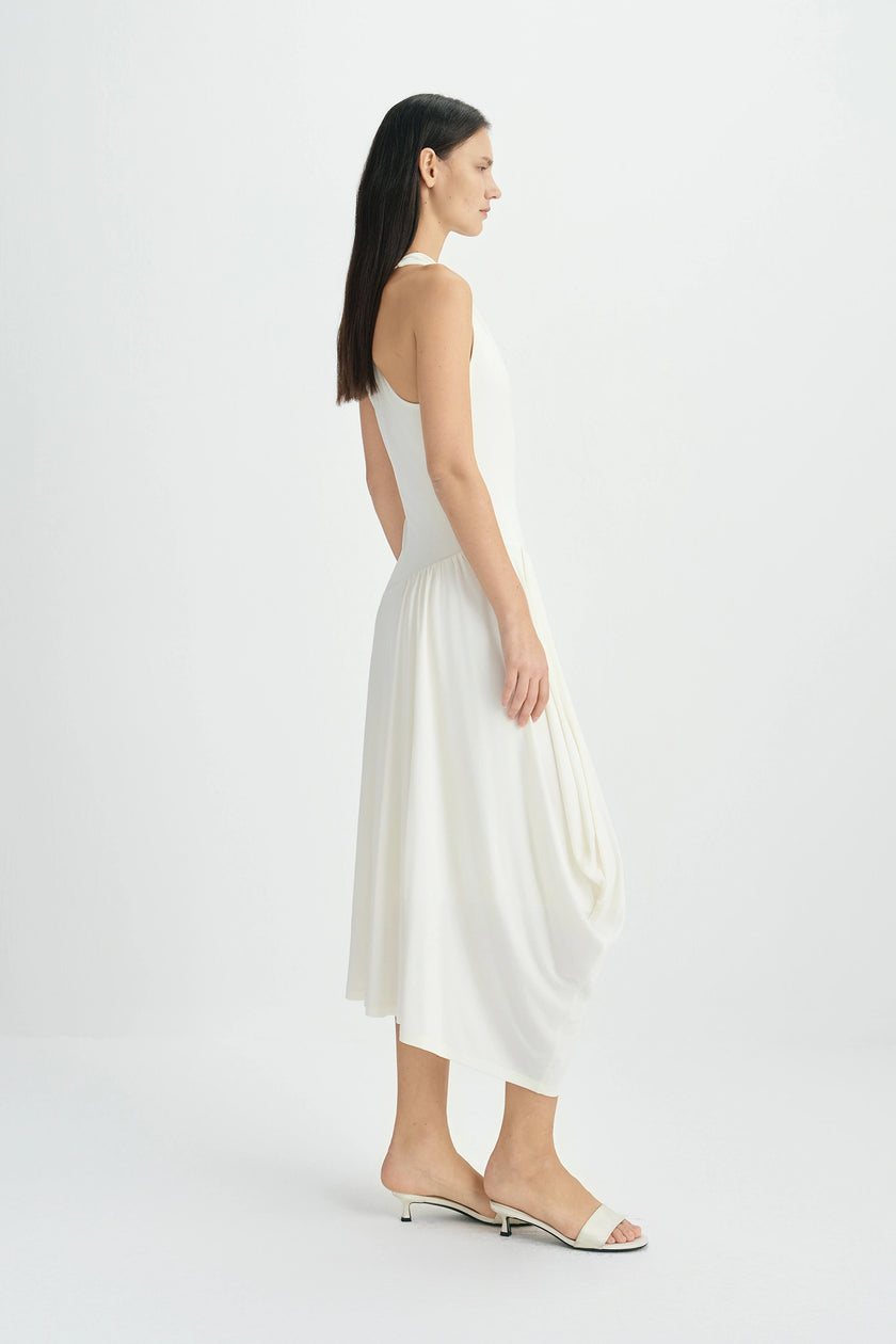 Oréa Draped Skirt Halter Dress Egret