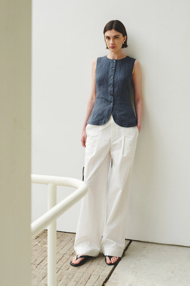 Vienté Button Front Tie Waist Top-SLATE