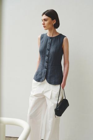 Vienté Button Front Tie Waist Top-SLATE