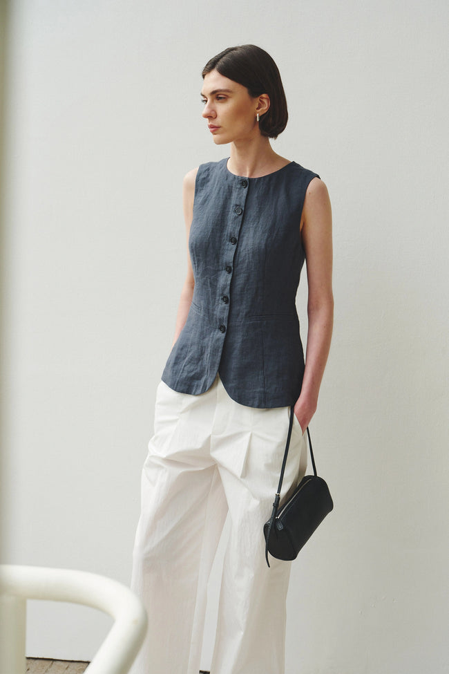 Vienté Button Front Tie Waist Top-SLATE