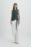 Vienté Button Front Tie Waist Top-SLATE