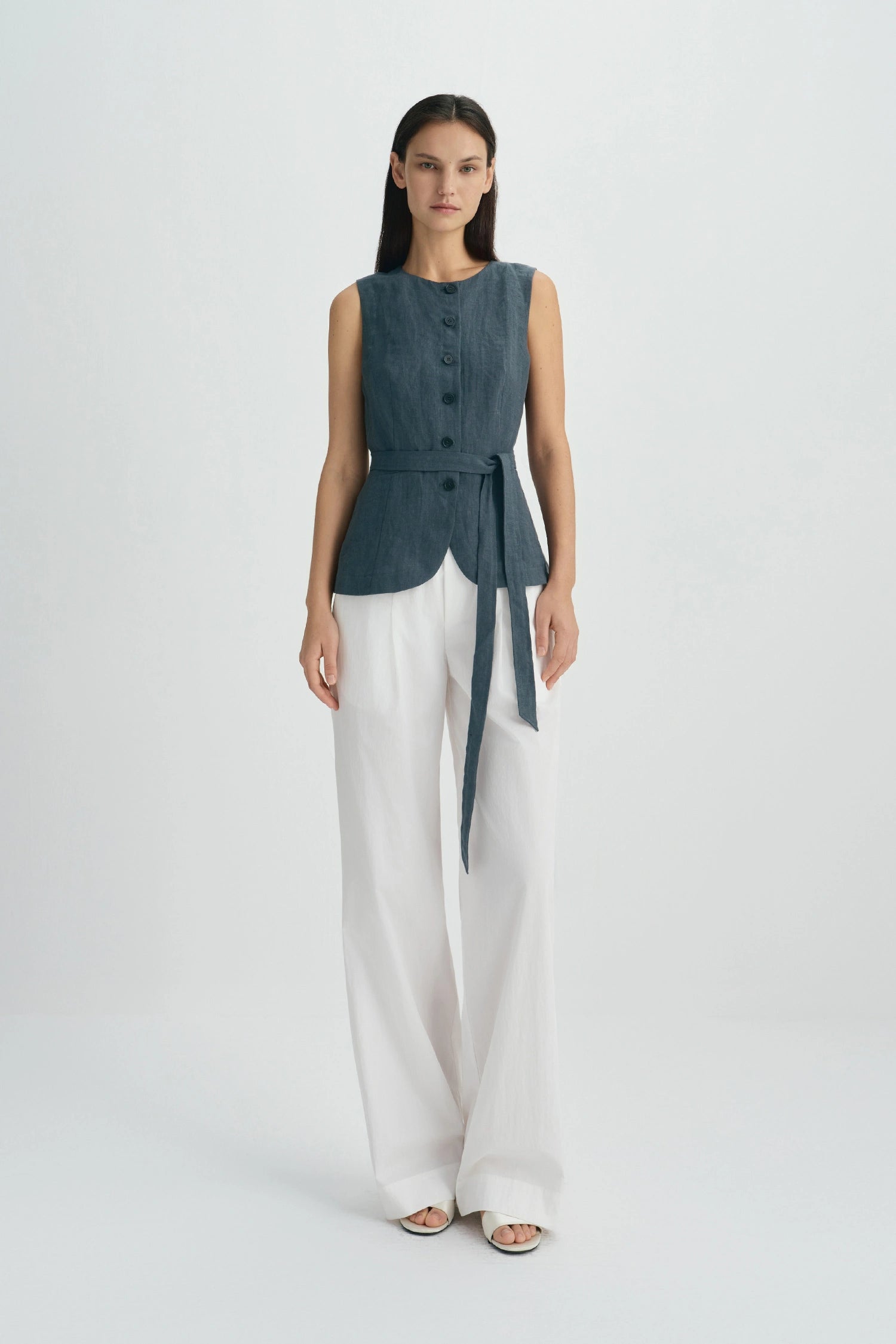 Vienté Button Front Tie Waist Top-SLATE