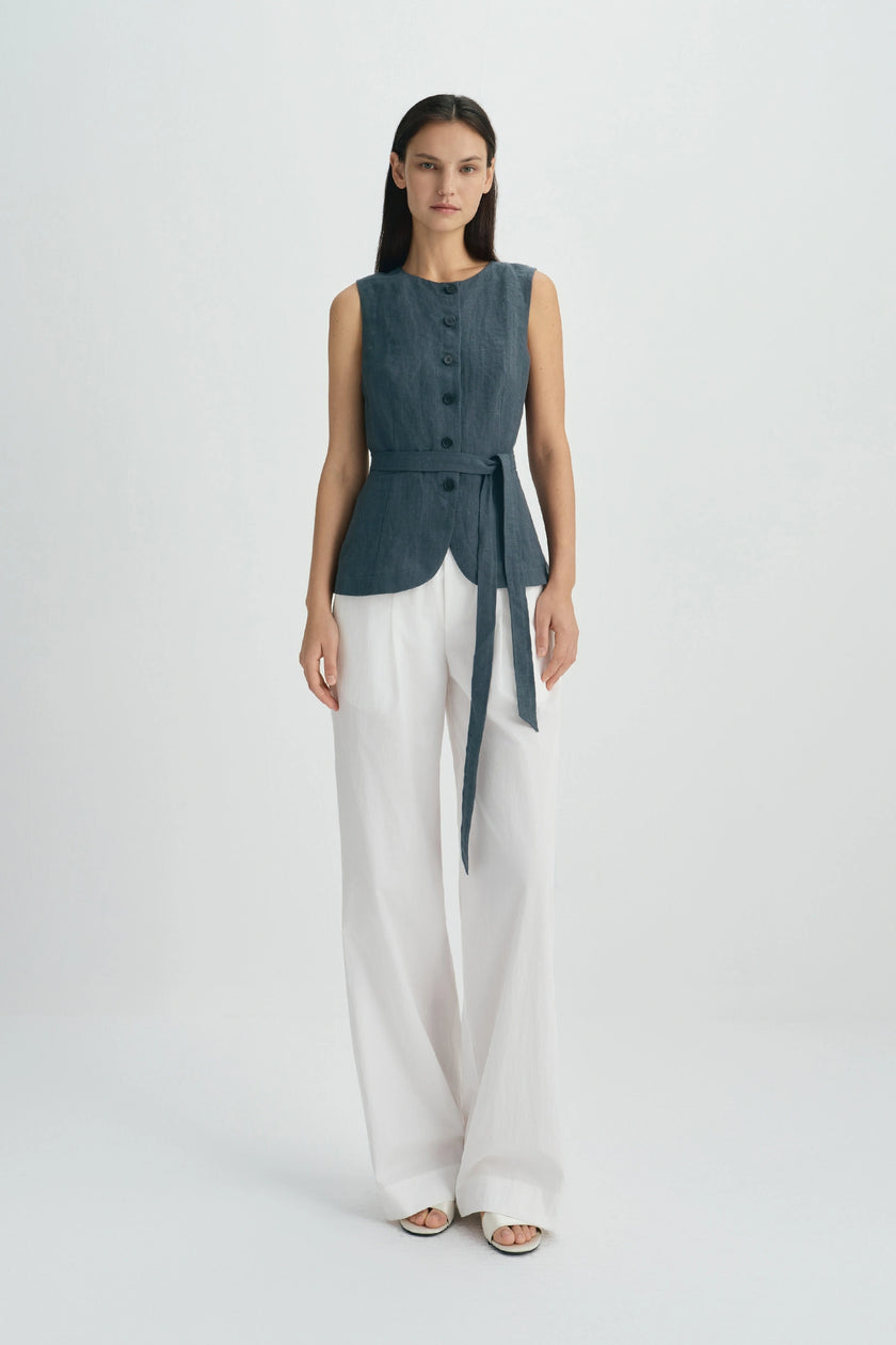 Vienté Button Front Tie Waist Top-SLATE