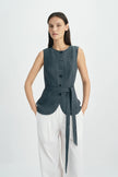 Vienté Button Front Tie Waist Top-SLATE