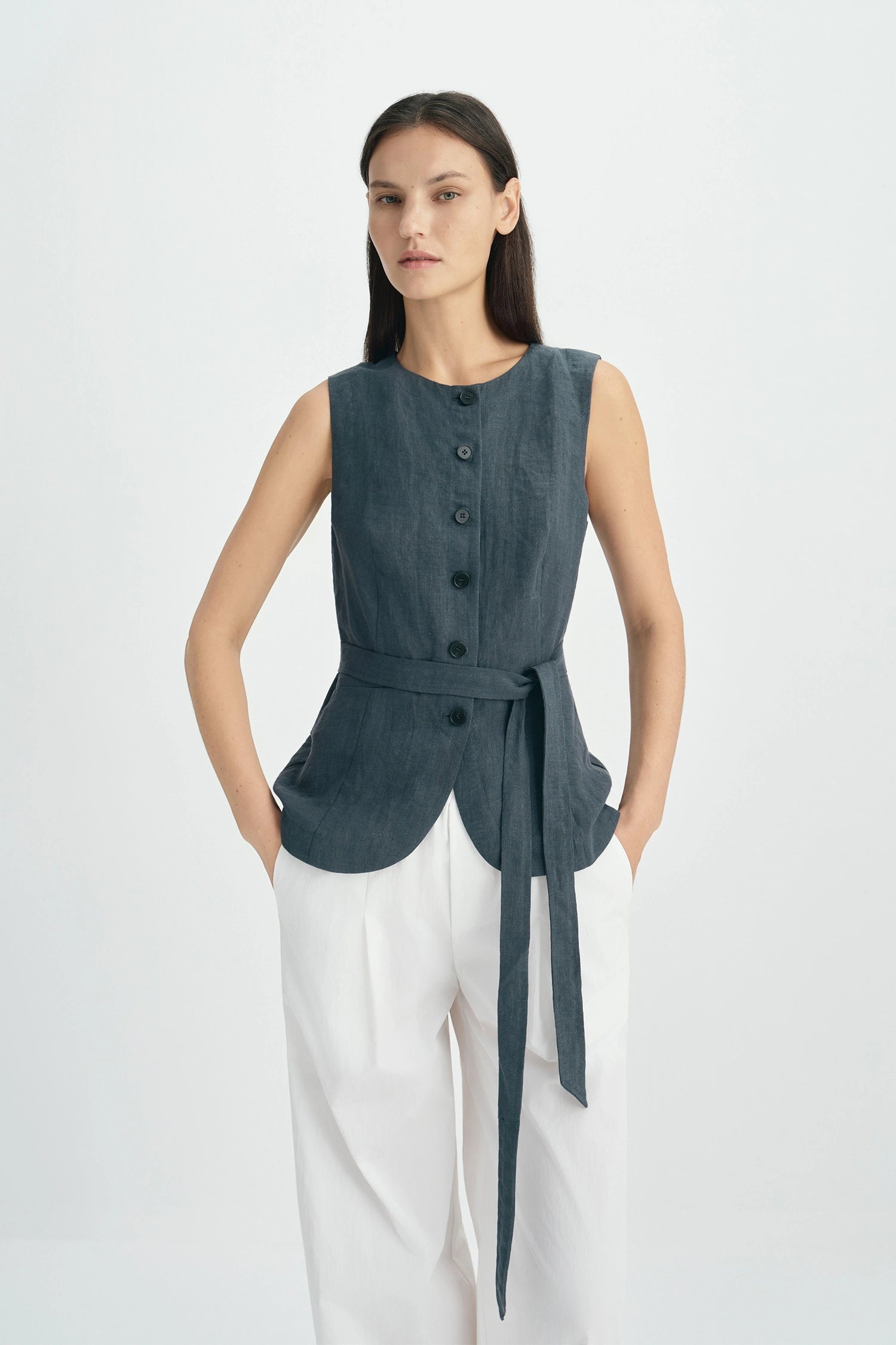 Vienté Button Front Tie Waist Top-SLATE