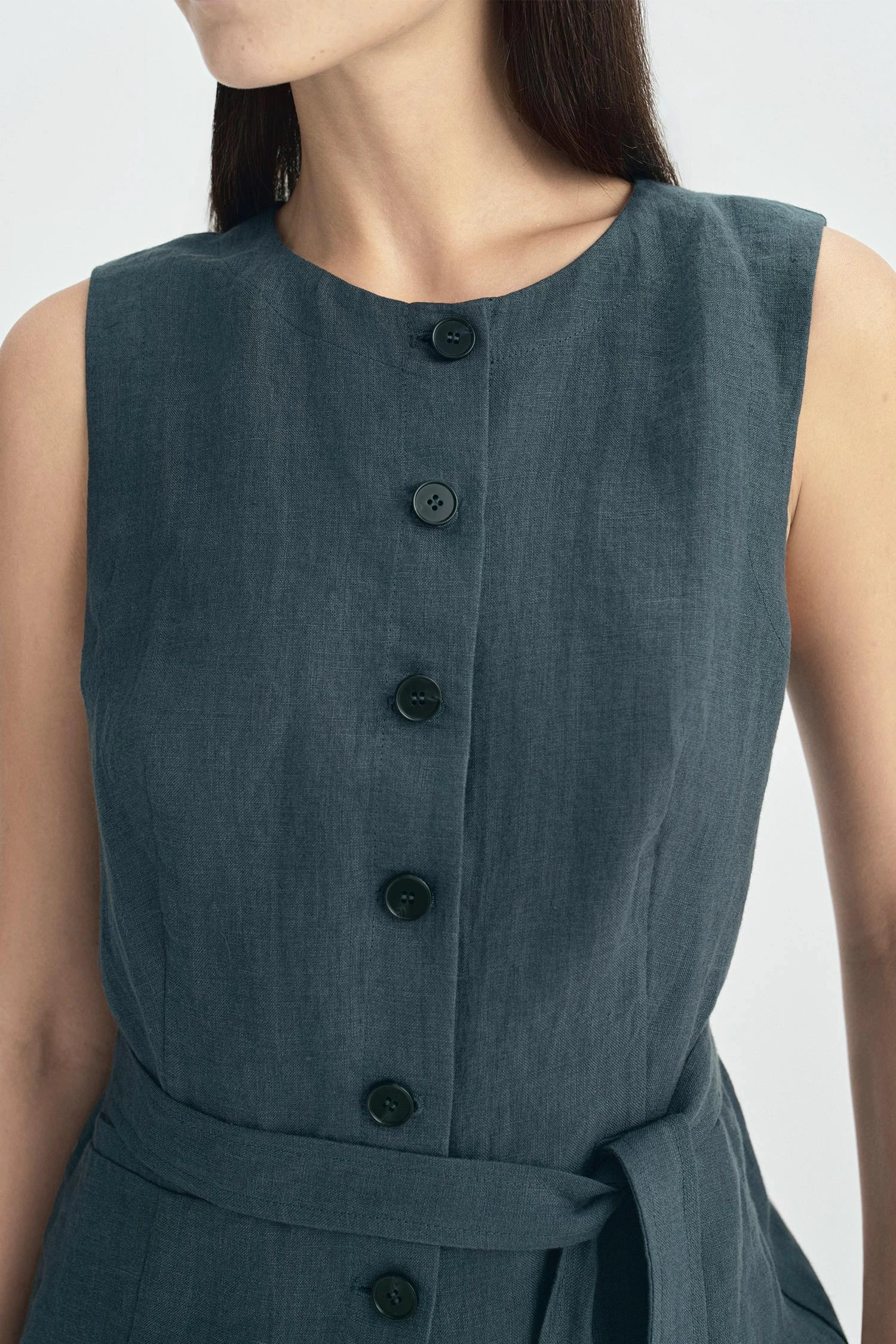 Vienté Button Front Tie Waist Top-SLATE