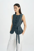 Vienté Button Front Tie Waist Top-SLATE