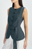Vienté Button Front Tie Waist Top-SLATE