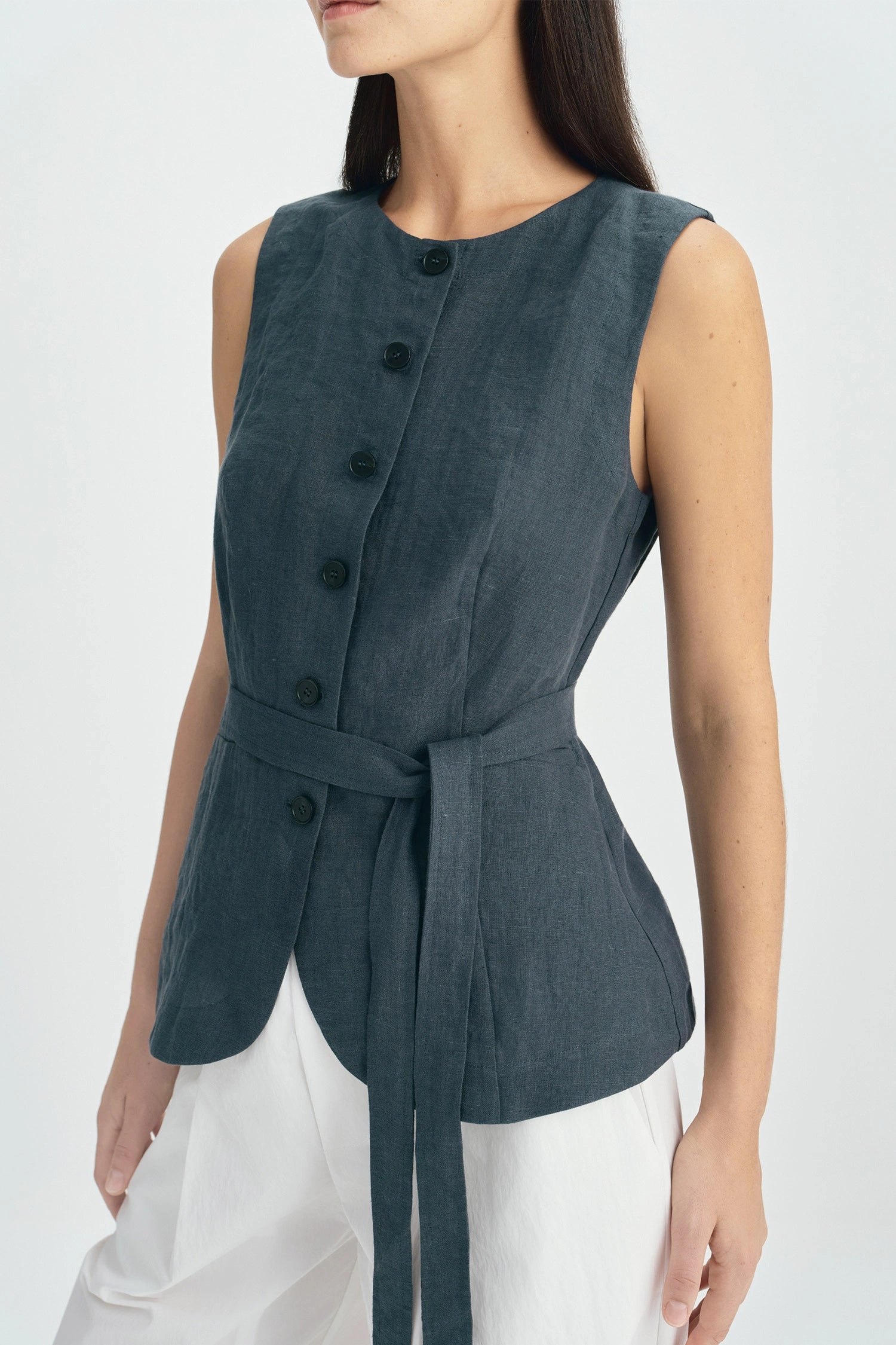 Vienté Button Front Tie Waist Top-SLATE