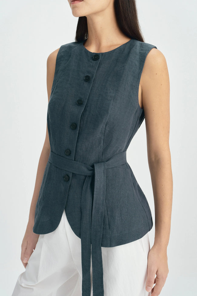 Vienté Button Front Tie Waist Top-SLATE