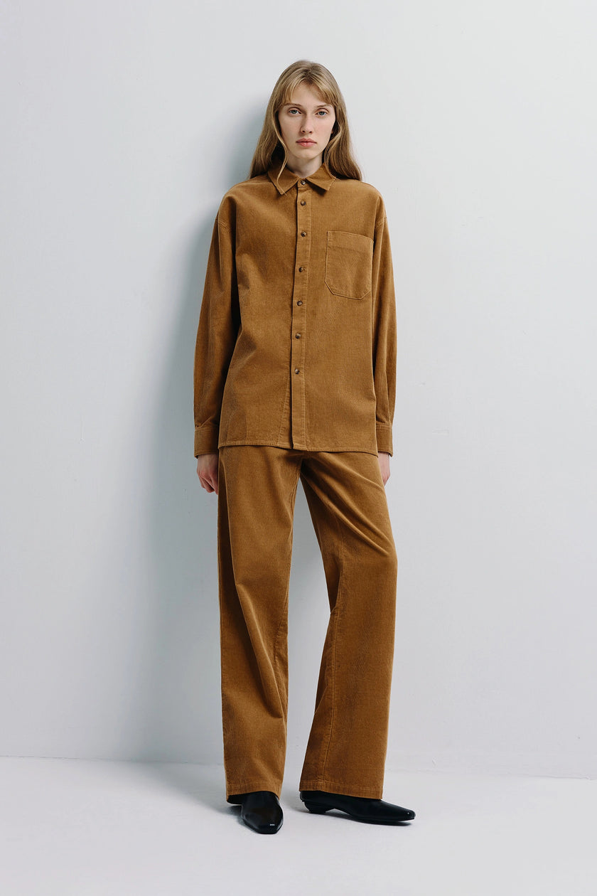 Maris Corduroy Pant set in brown corduroy, featuring wide-leg pants and matching button-up shirt