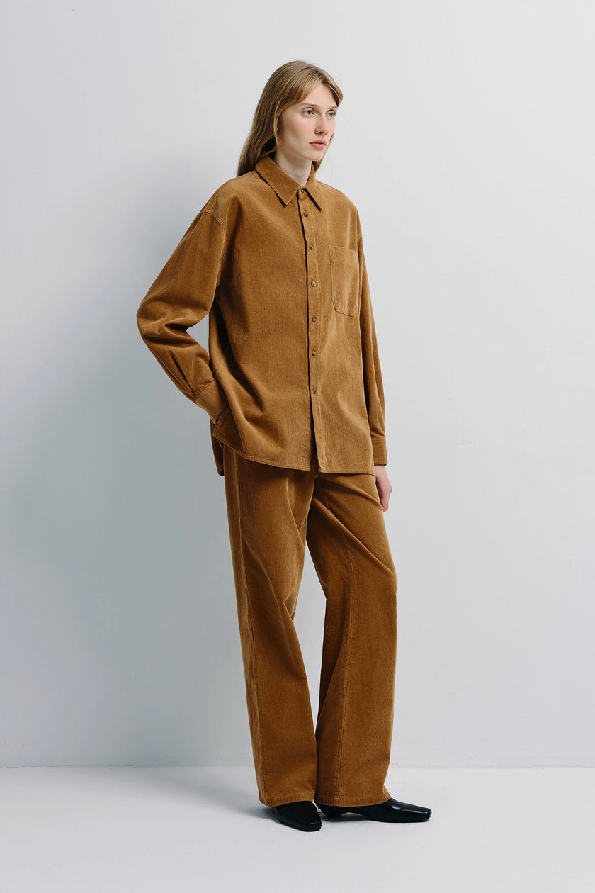 Brown corduroy pant set, tailored for a comfortable and stylish fit. Perfect for Fall/Winter collection.