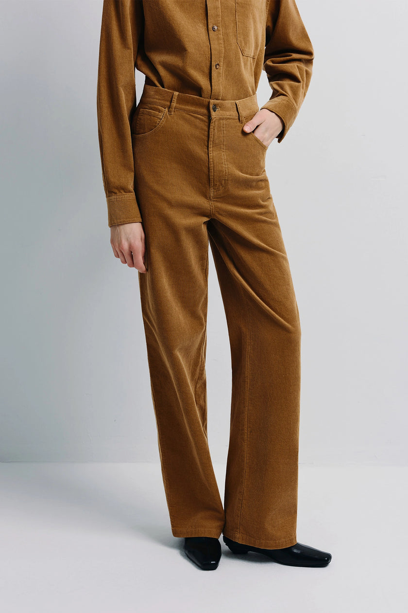 Maris Corduroy Pant in brown corduroy, tailored fit, and classic design.
