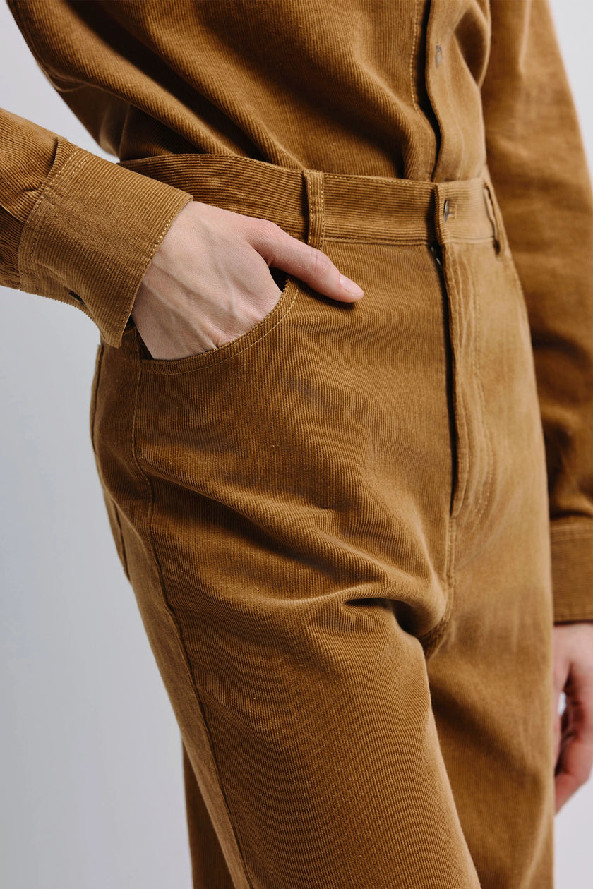 Brown corduroy Maris pant, showcasing texture and design detail.