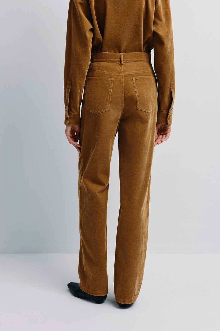 Maris Corduroy Pant set in brown, rear view showcasing corduroy texture and tailored fit.