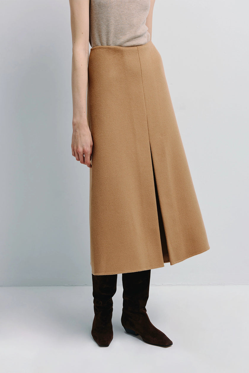 Ambre Pleat Front Midi Skirt in camel wool-cashmere blend, tailored A-line cut