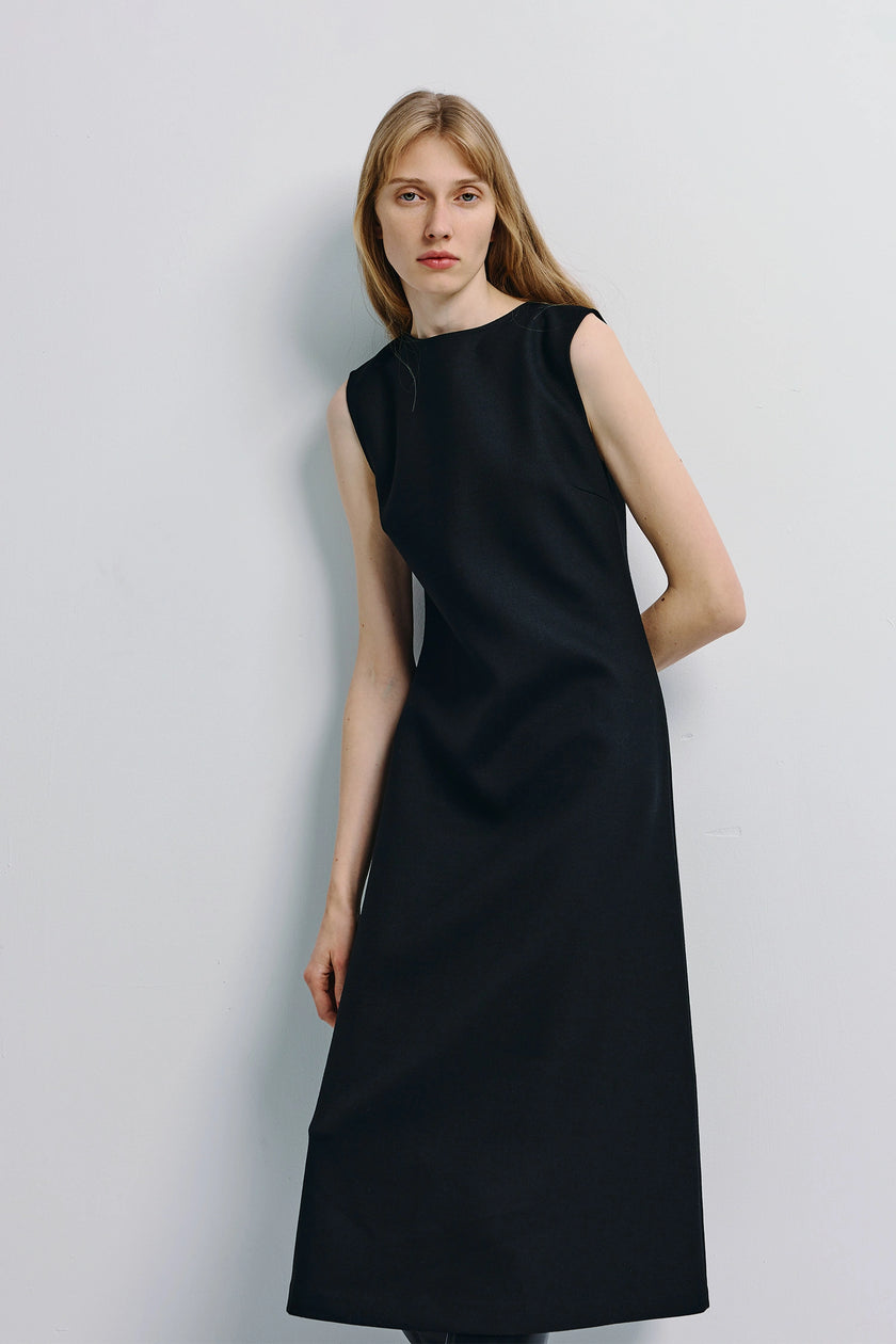 Black Roze A-line Midi Dress, boatneck, A-line silhouette on model