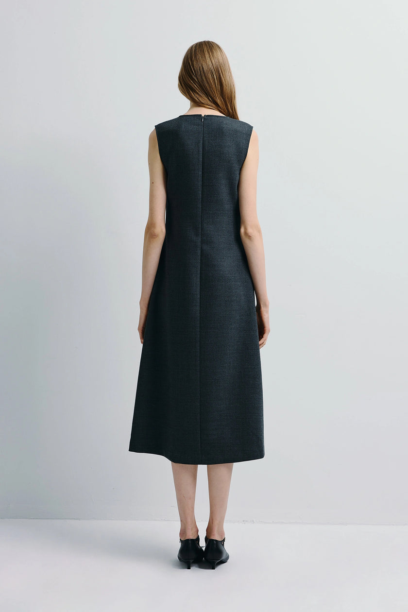Roze A-line midi dress in dark grey, stretch wool blend, A-line silhouette, sculpted boatneck
