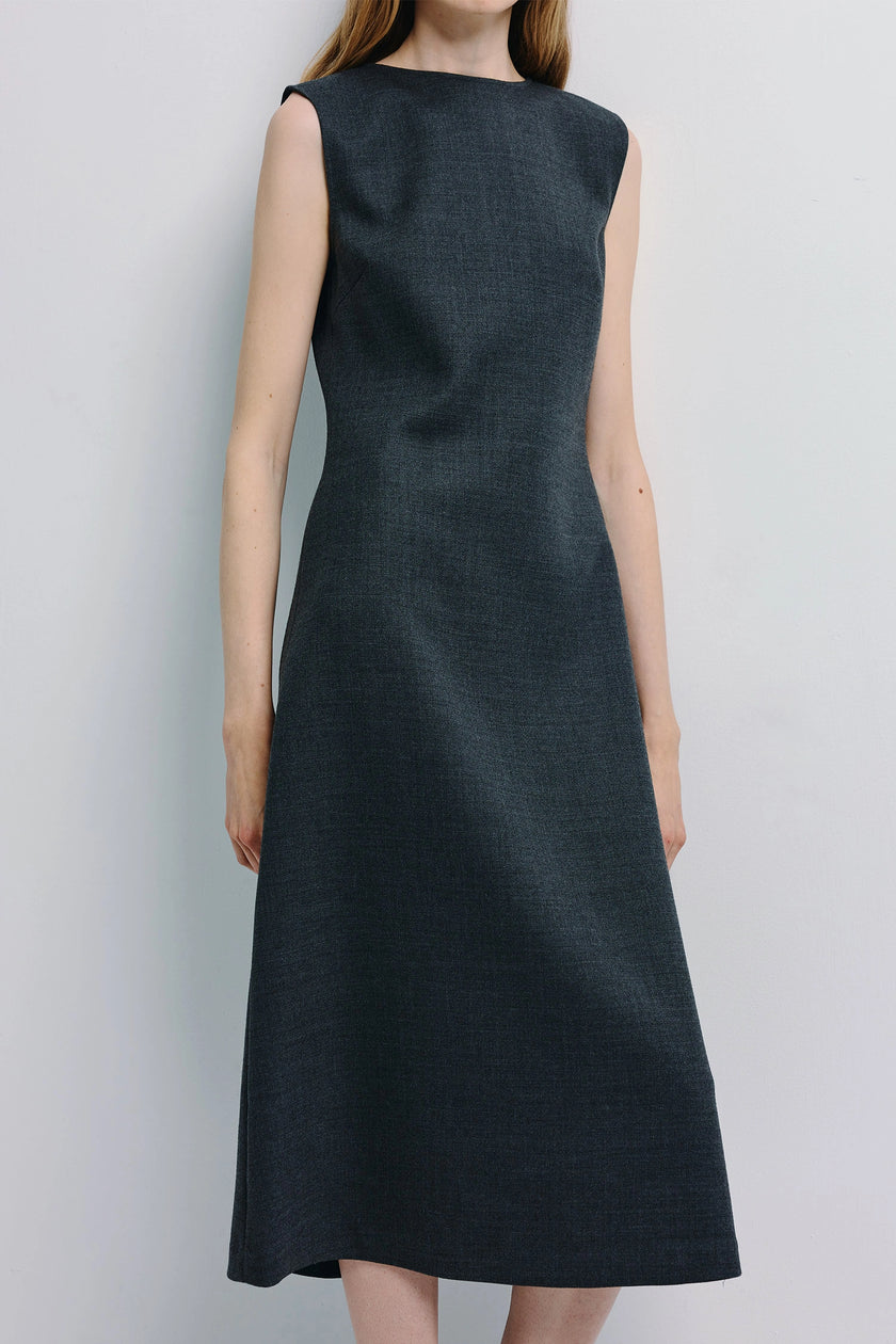 Roze A-line midi dress in dark grey with sculpted boatneck. Midi dress crafted from a stretch wool blend.