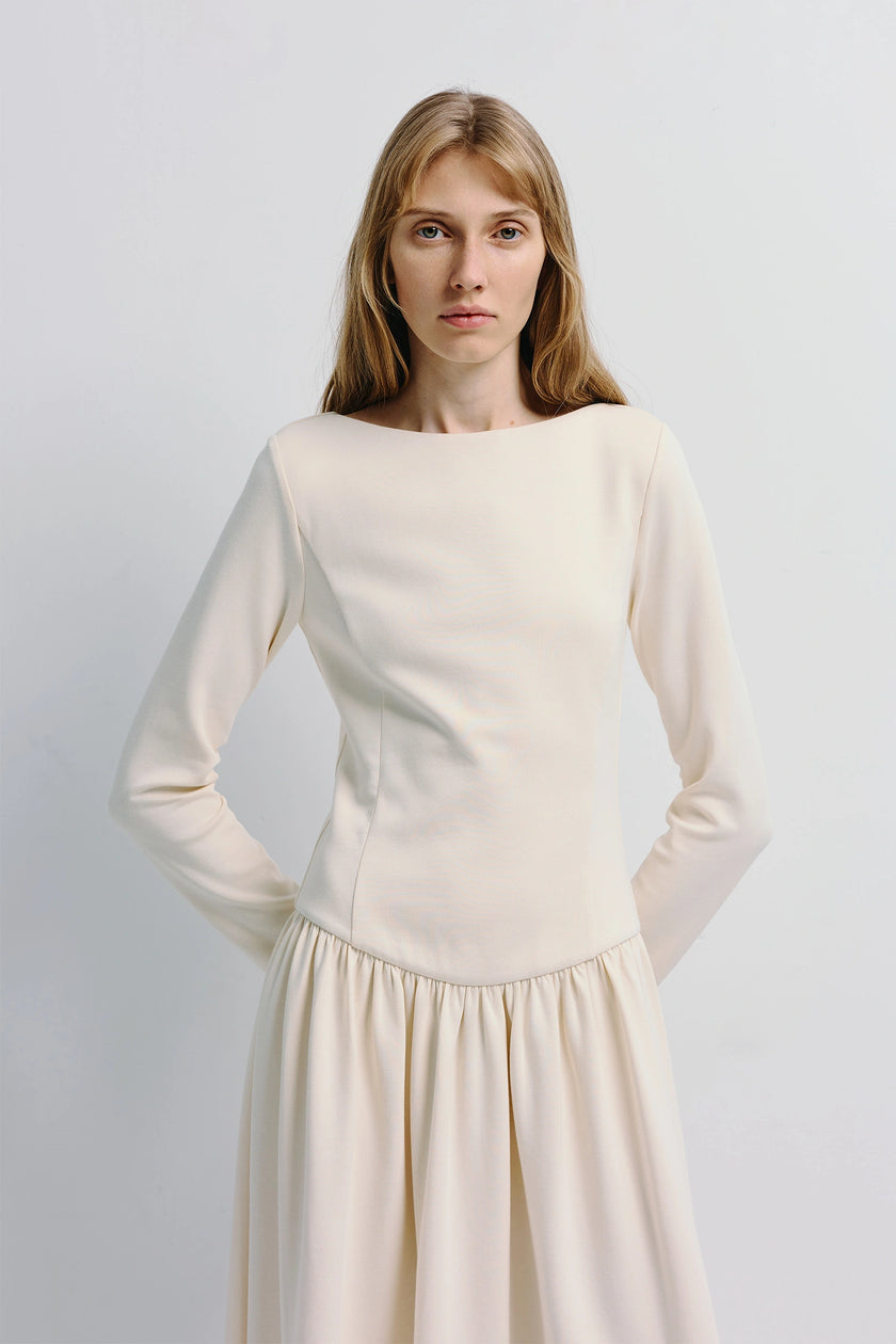 Lisette Boatneck Midi Dress in cream, long sleeves and structured design