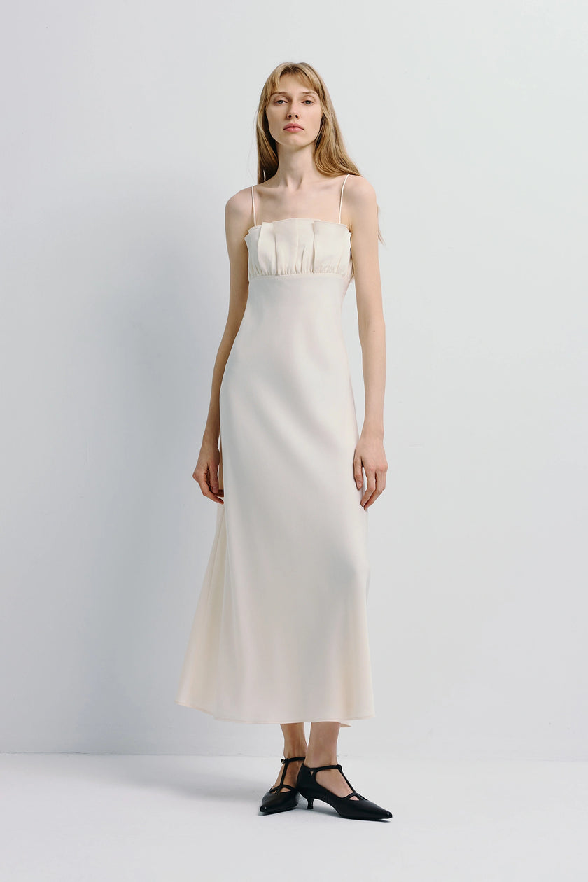 Ivory satin midi dress with shirred bodice detail and spaghetti straps