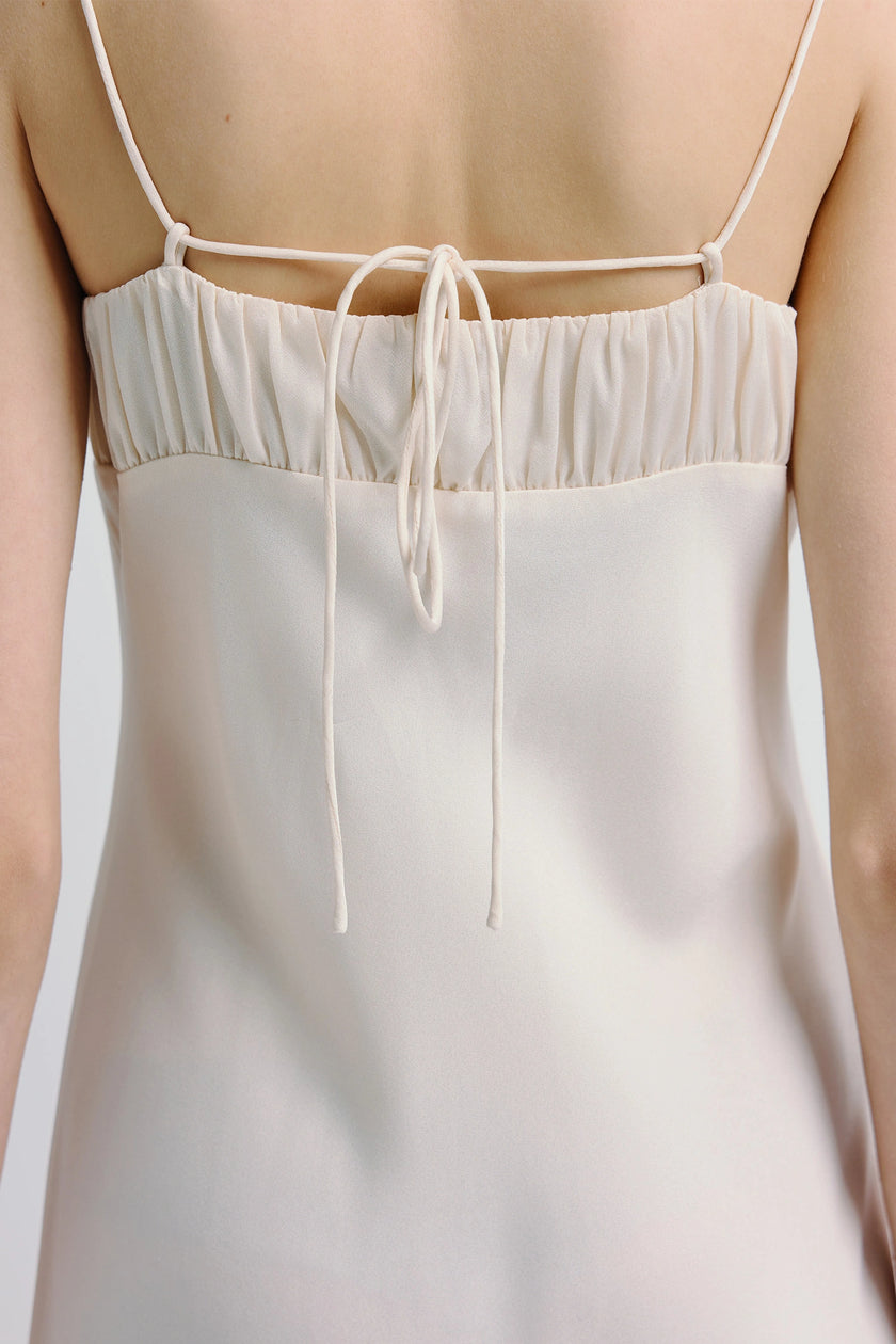 Ivory Margaux Satin Midi Dress back detail with shirred bodice and spaghetti straps