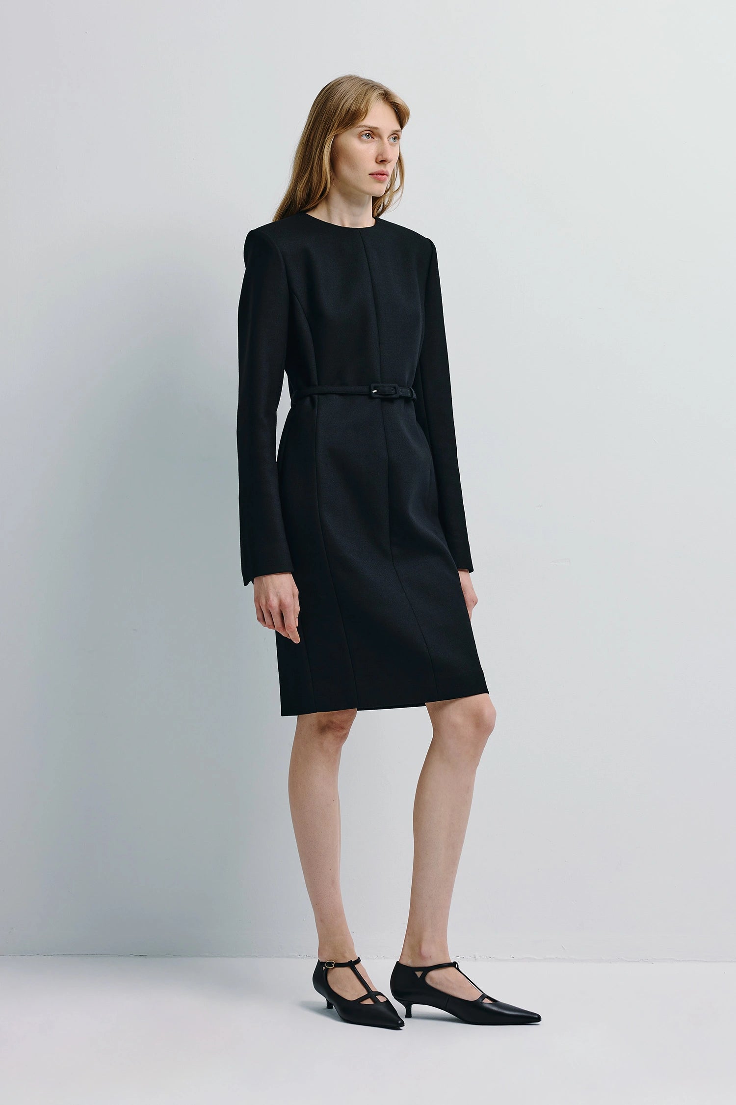 Wool Blend Belted Midi Dress | Long Sleeve Elegance S / Black Wool Blend Belted Midi Dress | Long Sleeve Elegance S / Black