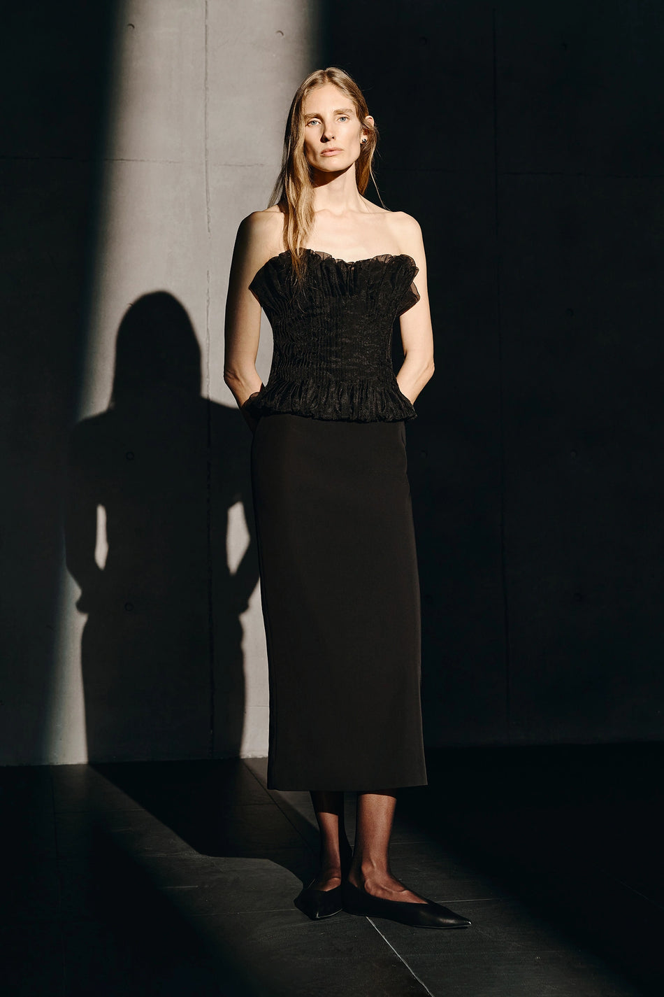 Lina Pintuck Organza Midi Dress Black