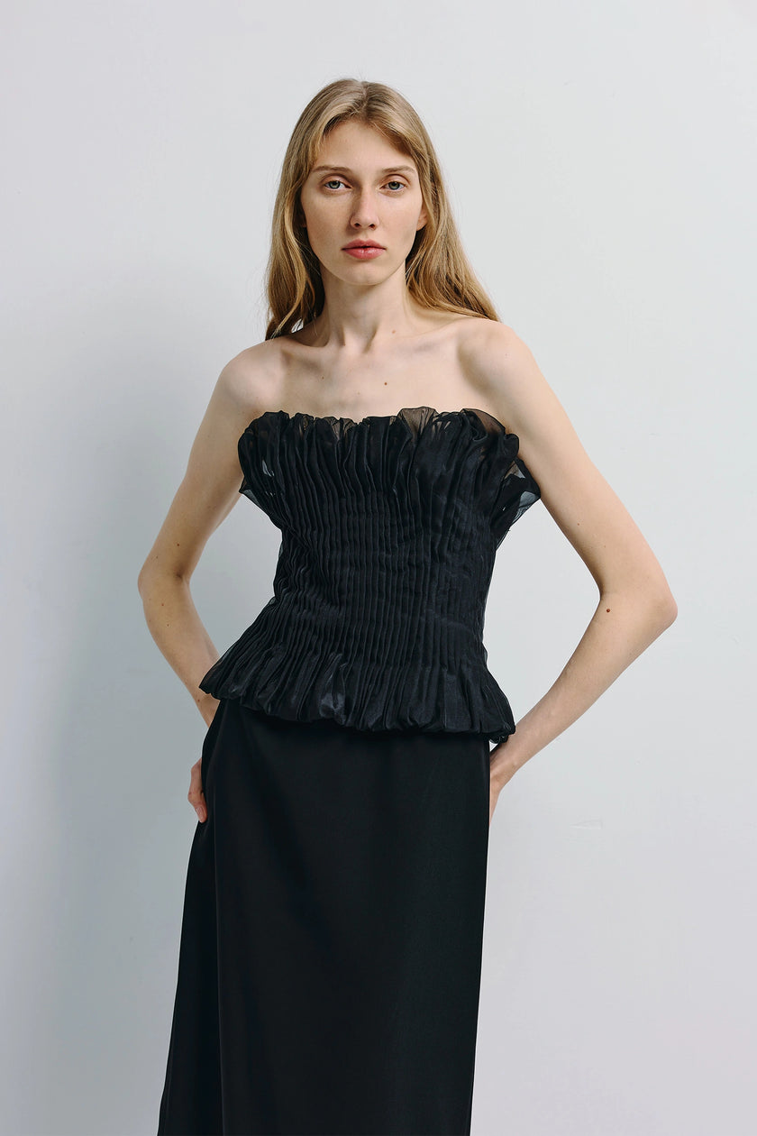 Lina Pintuck Organza Midi Dress Black