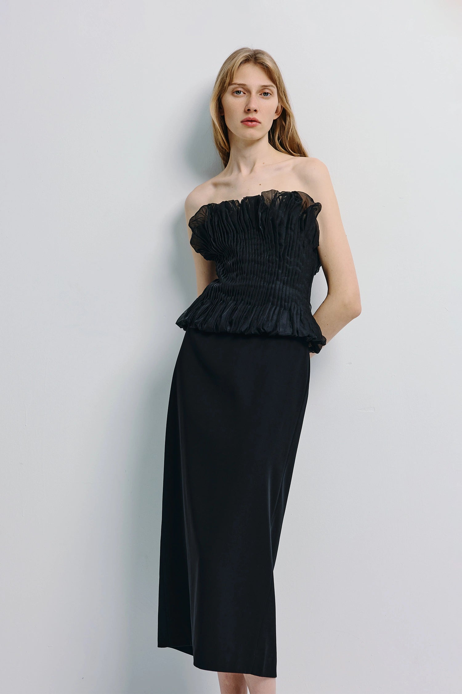 Lina Pintuck Organza Midi Dress Black