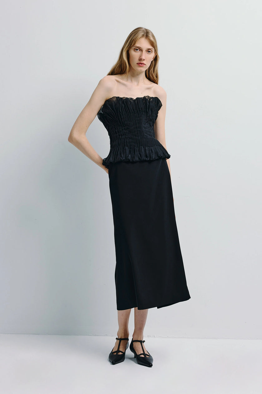 Lina Pintuck Organza Midi Dress Black