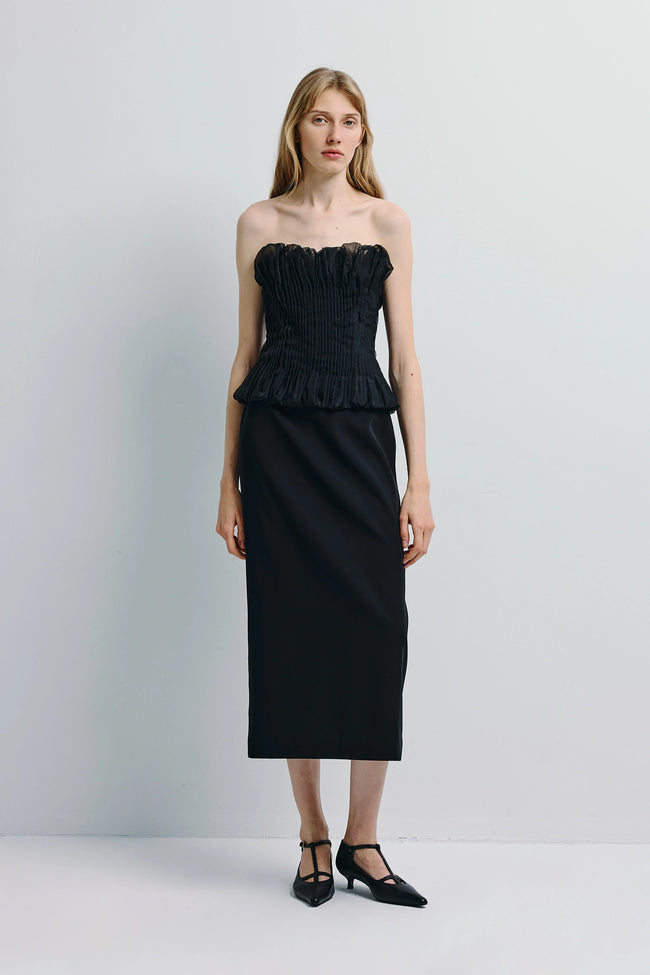 Lina Pintuck Organza Midi Dress Black