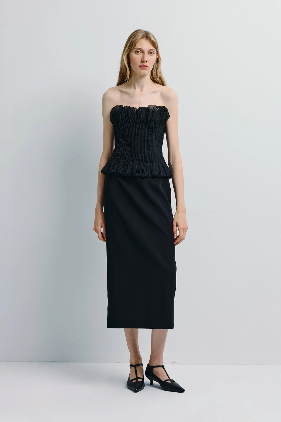 Lina Pintuck Organza Midi Dress Black
