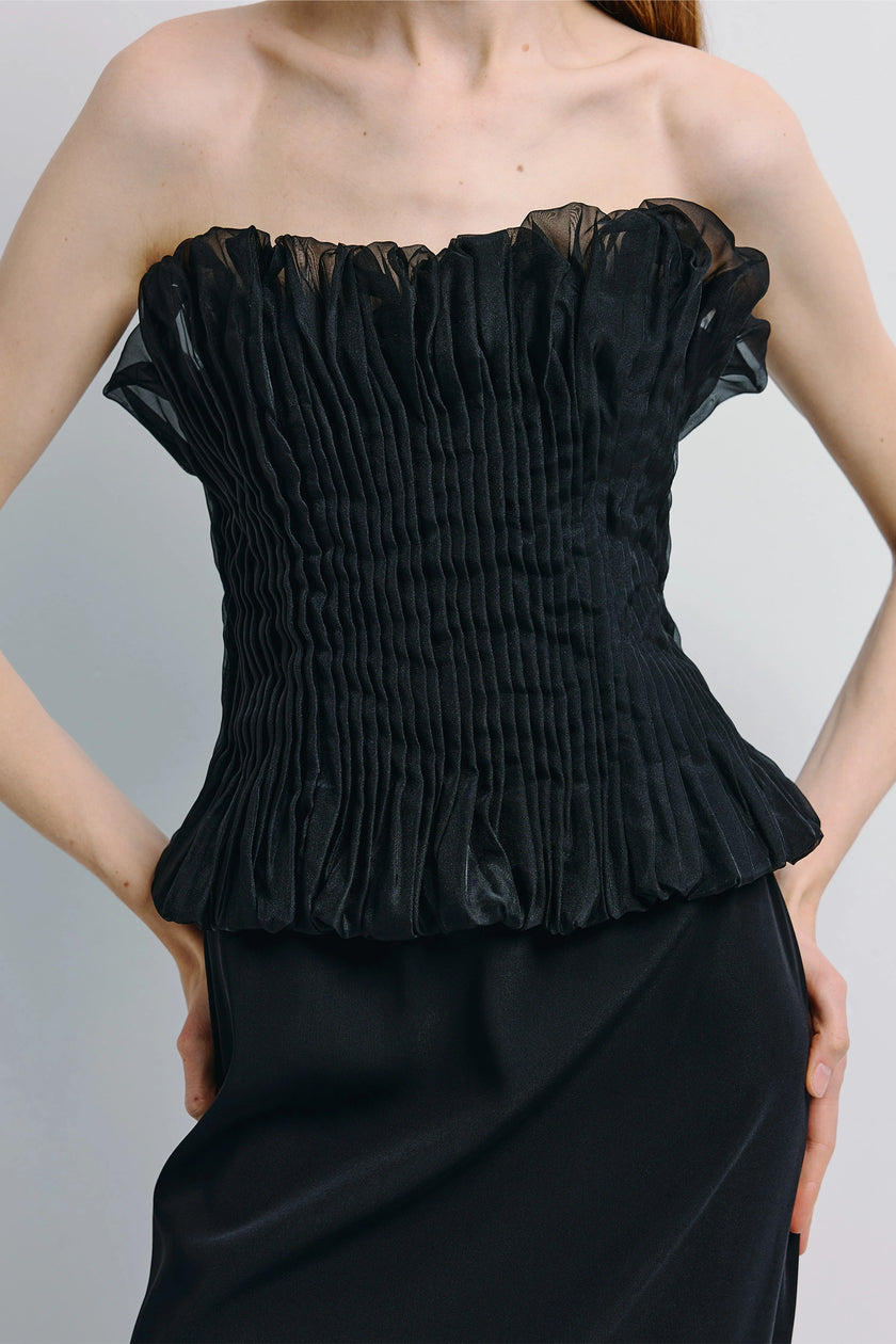 Lina Pintuck Organza Midi Dress Black