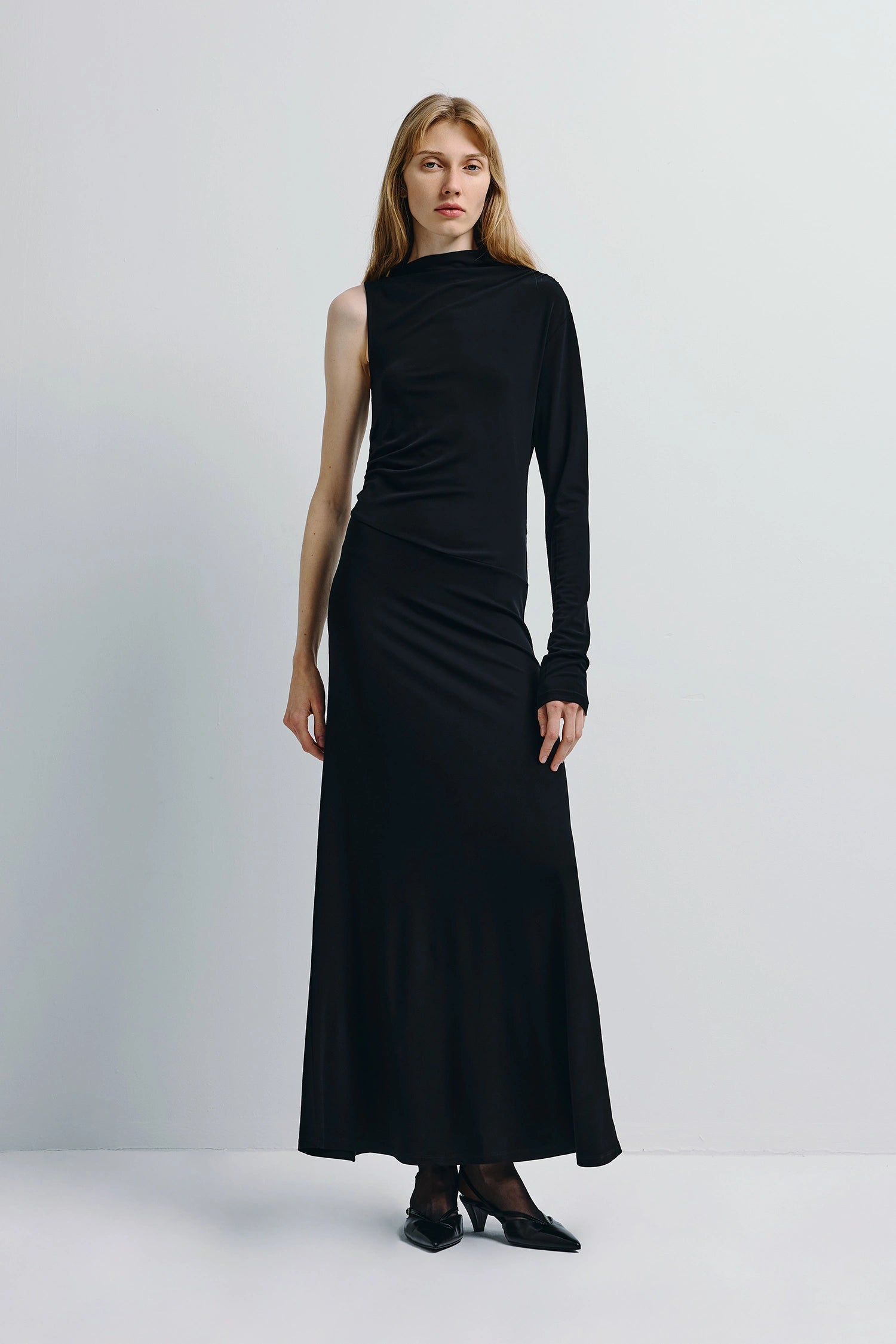 black draped maxi dress Georgette draped maxi dress in Black XS / Black