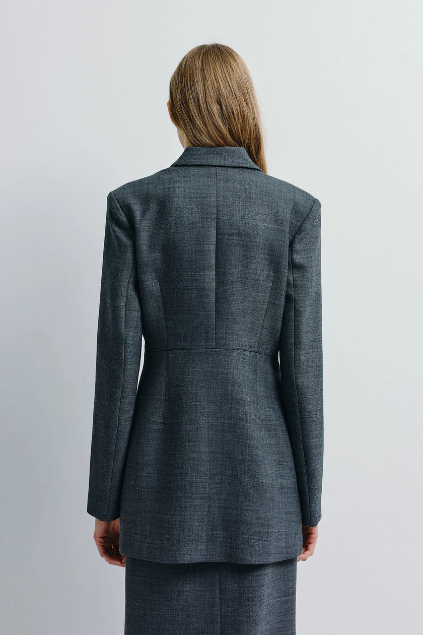 Dark gray wool-blend Paley Notch Collar Blazer with matching skirt, double-breasted