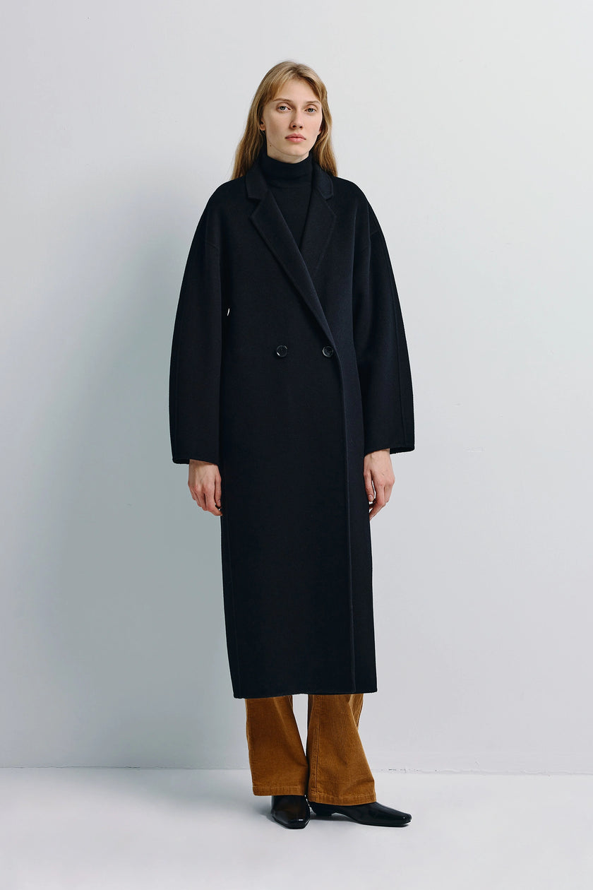 Basile Handmade Coat - Black double-breasted wool-cashmere coat with sharp lines and artisanal ease