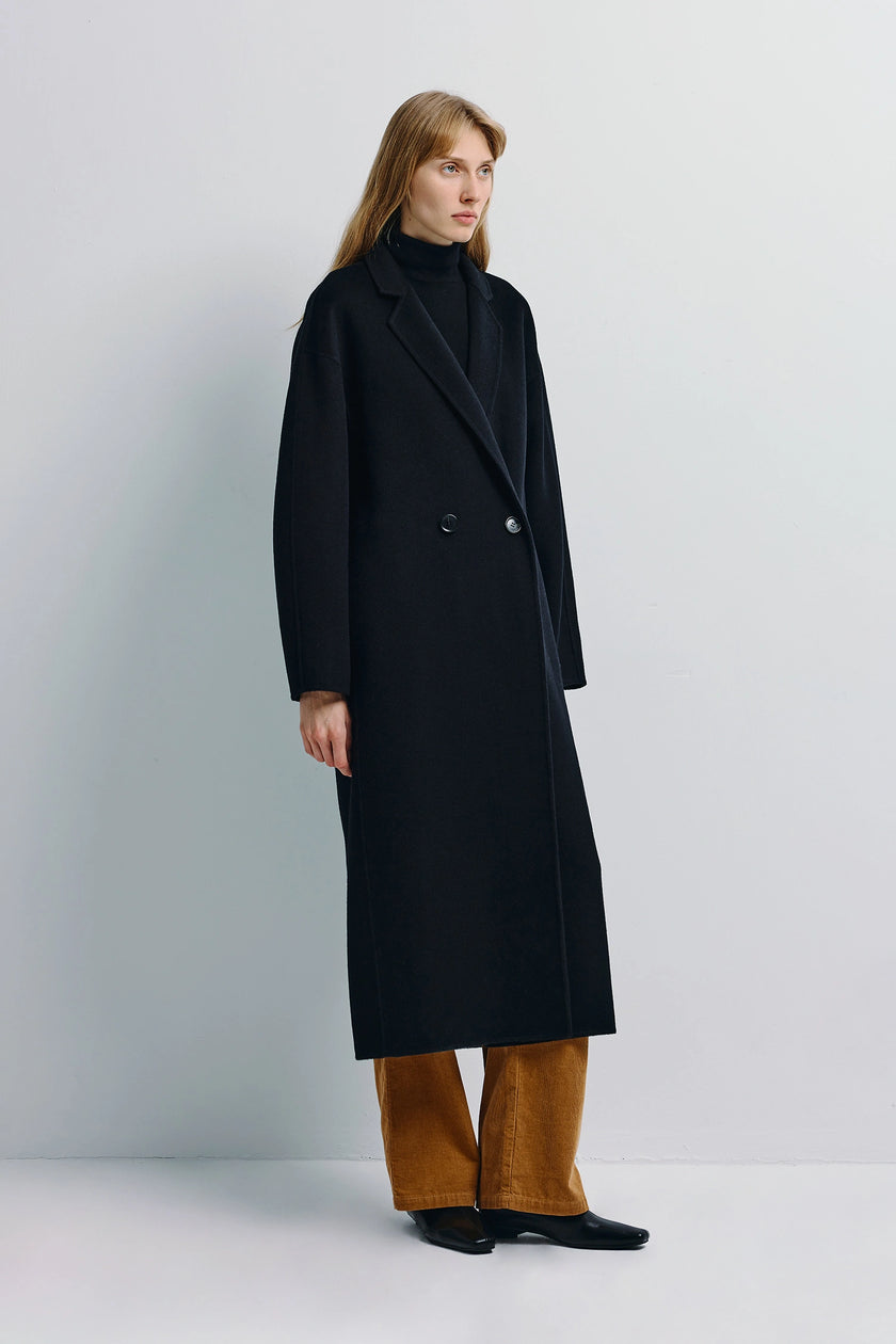 Black Basile Handmade Coat with double-breasted design, wool-cashmere blend.