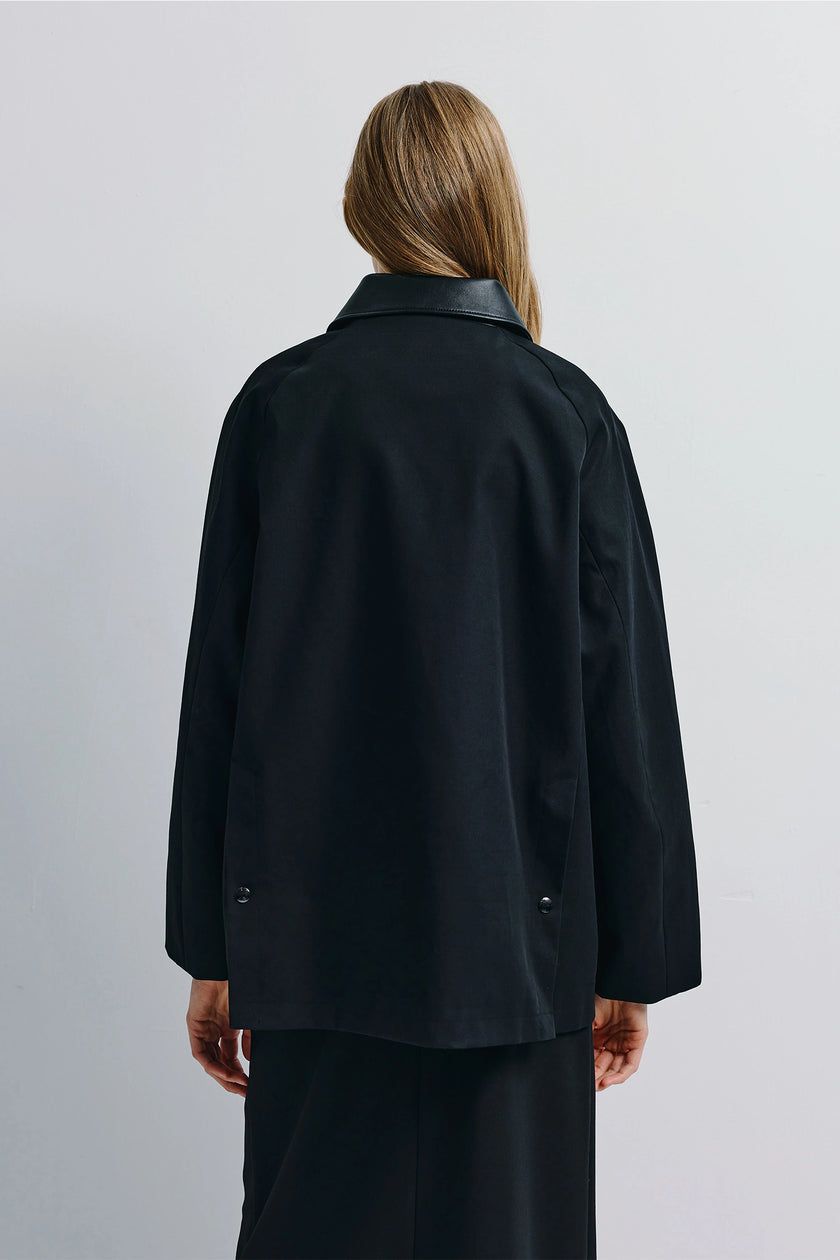 Black Roth Leather Barn Jacket back view, leather collar, structured cotton, Rue Sophie outerwear