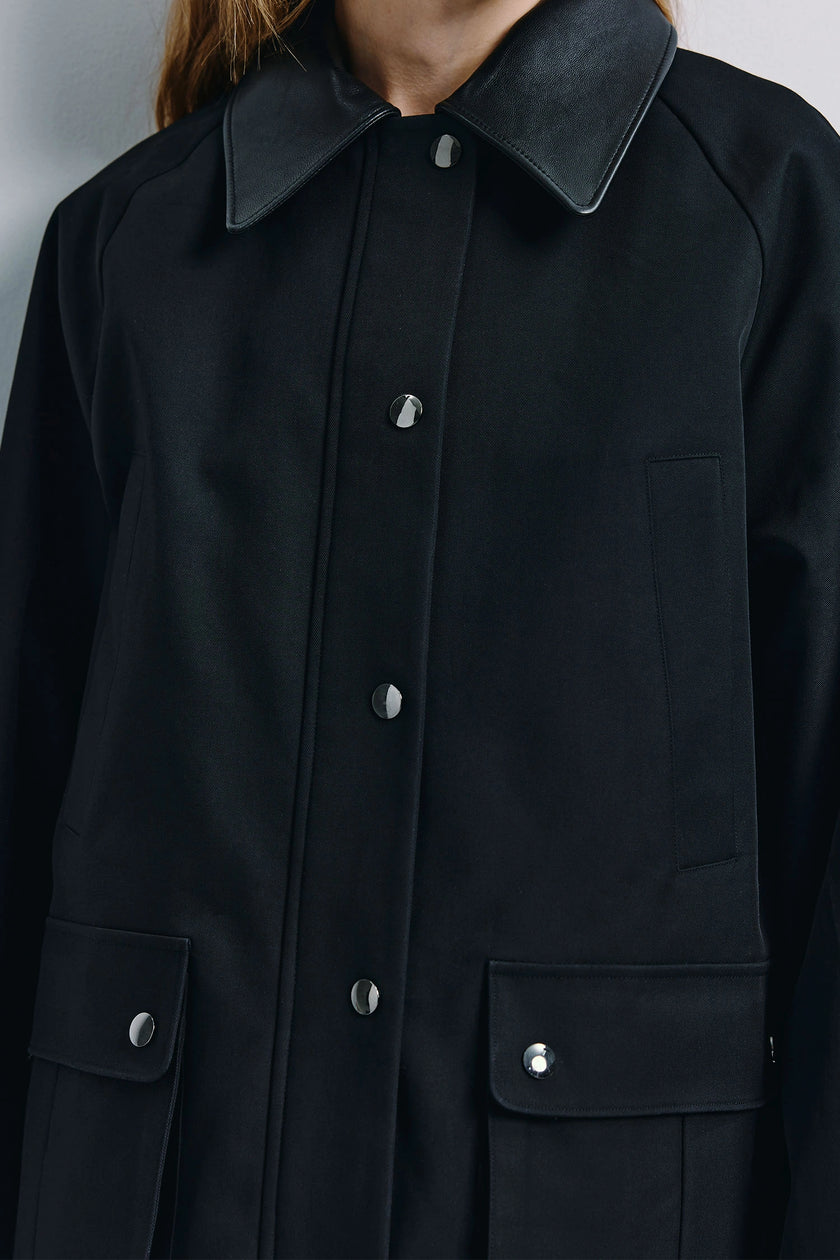 Black Roth Barn Jacket with leather collar and button detail