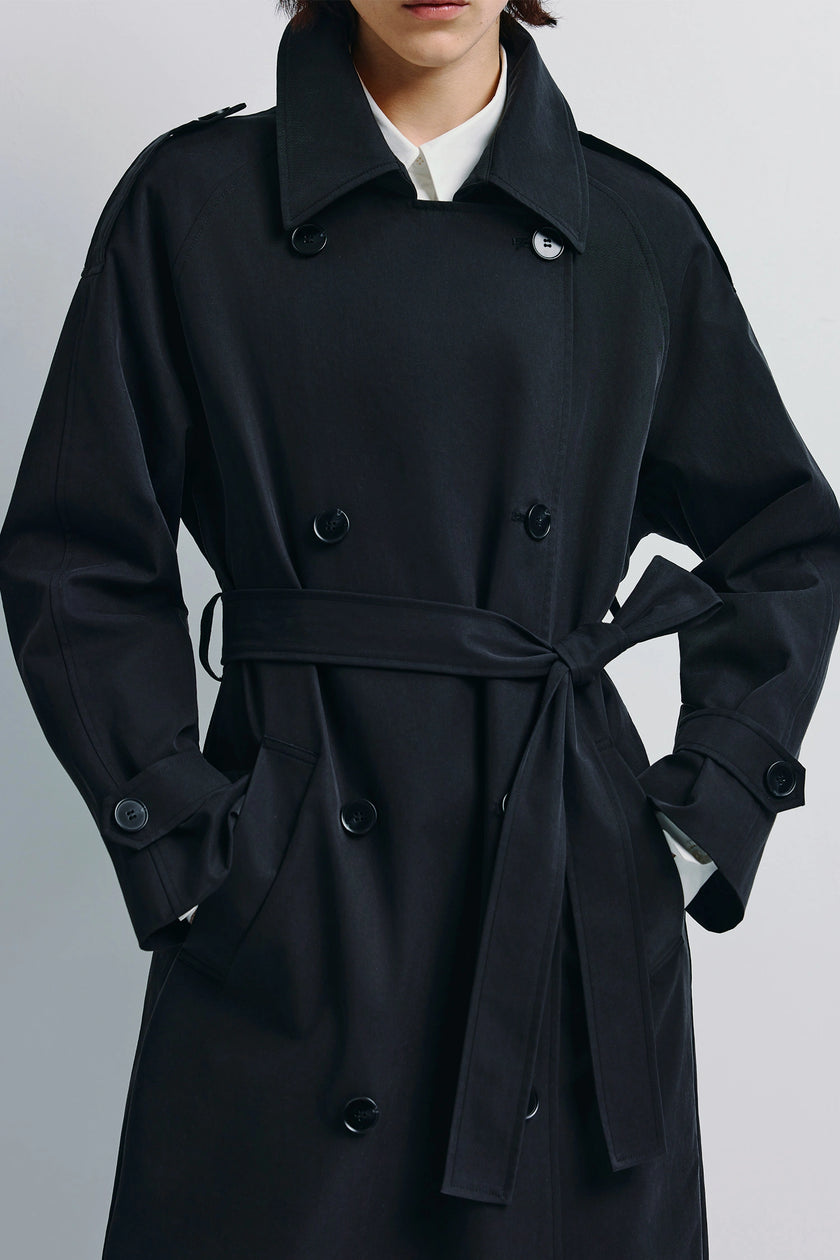 Black Lea Belted Trench Coat, midi trench with tie belt, tailored structure and fluid drape