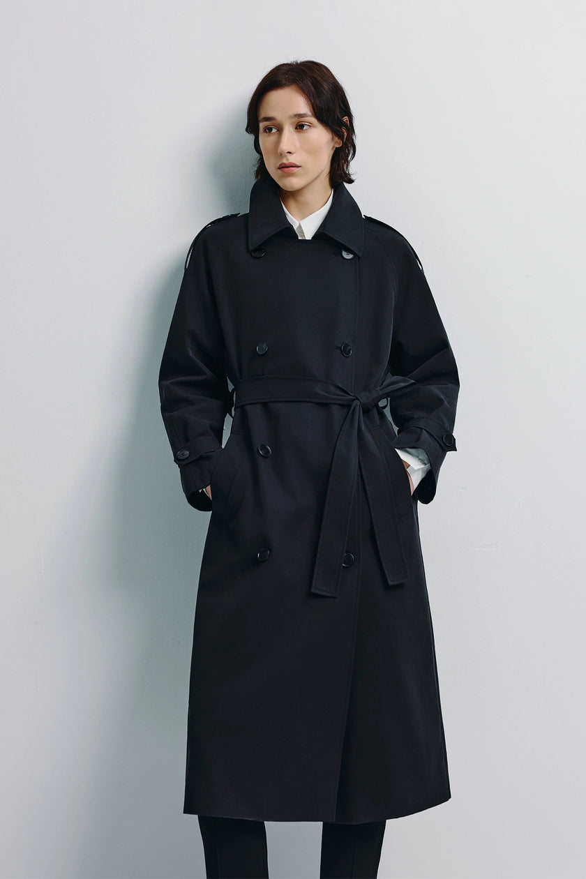 Black Lea Belted Trench Coat - Midi trench with tie belt. Tailored structure, fluid drape.