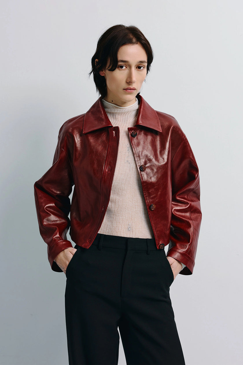 Tonni Cropped Leather Jacket Cherry