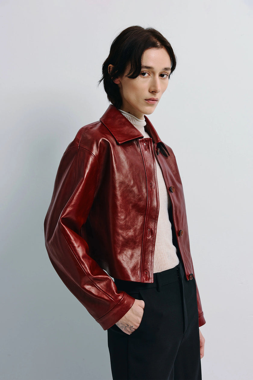 Tonni Cropped Leather Jacket Cherry