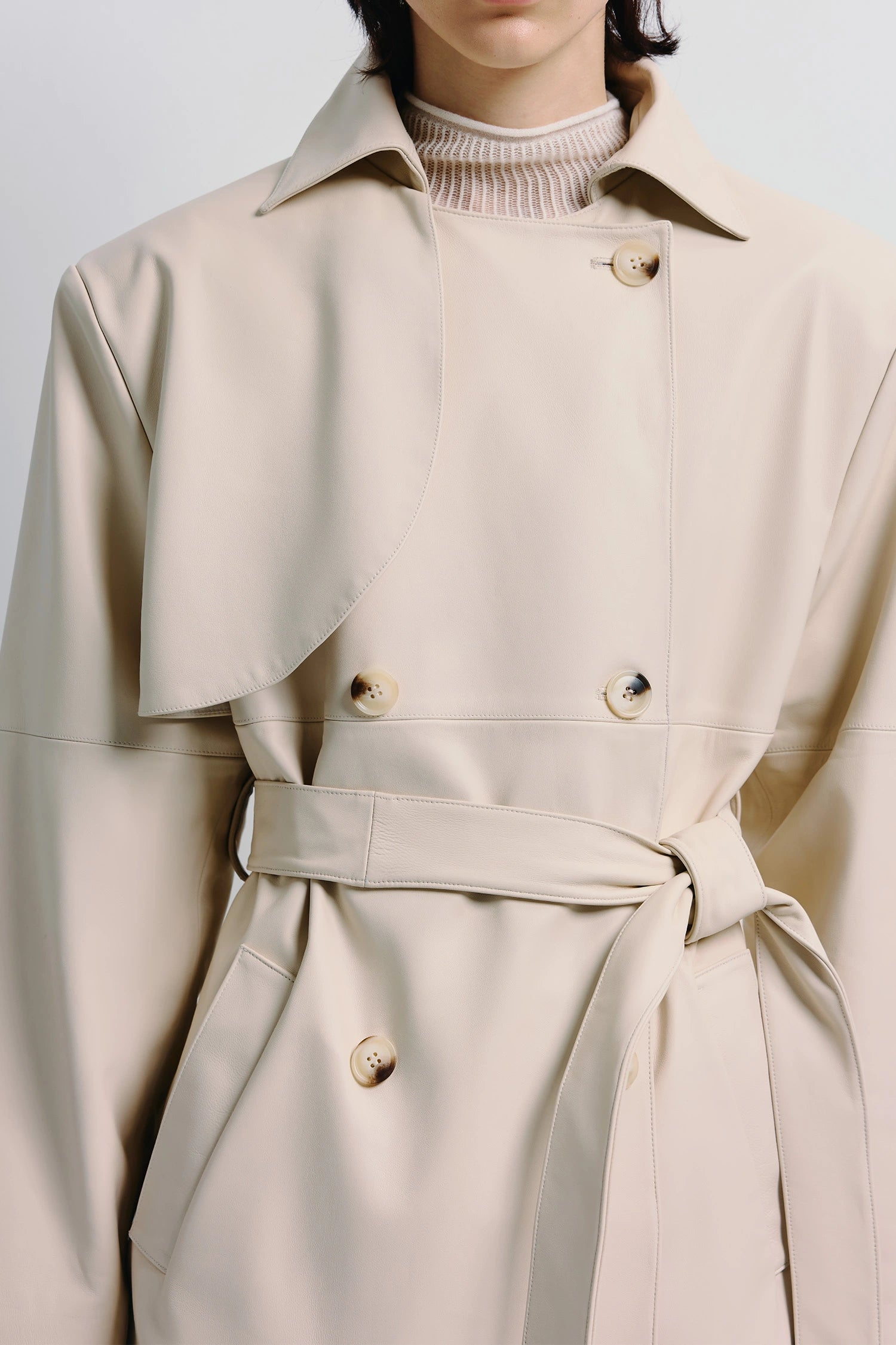 Morsson Belted Leather Trench Coat Creme