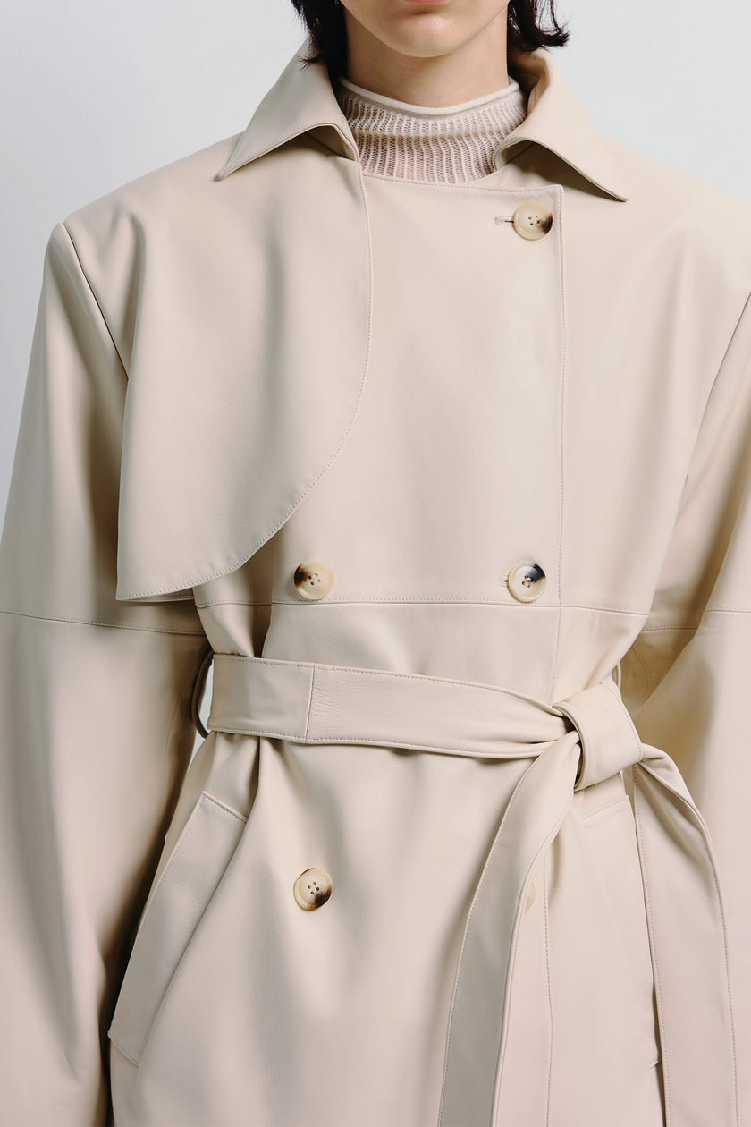 Cream Morsson Belted Leather Trench Coat with oversized fit, featuring belt and button details