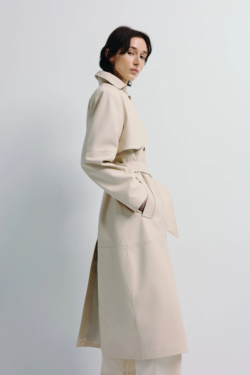 Morsson Belted Leather Trench Coat in cream, oversized sheepskin leather, minimalist design