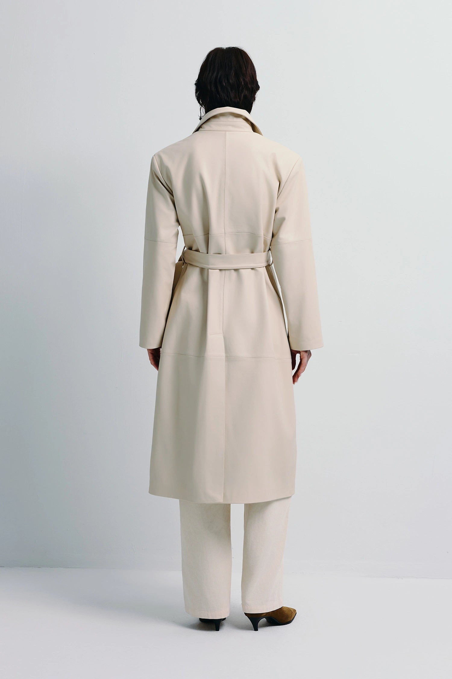 Morsson Belted Leather Trench Coat Creme