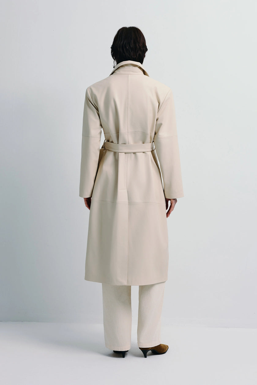 Cream Morsson Belted Leather Trench Coat, oversized sheepskin leather, minimalist design, model back view